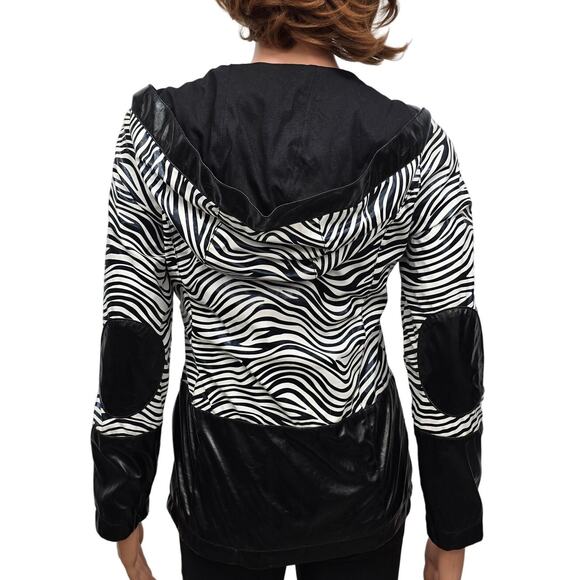 Dollhouse Hooded Rain Jacket Zebra Animal Print Elbow Patch S/M Black White - Picture 3 of 11
